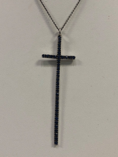 Carol Brodie MLD Sterling Silver Sapphire Cross Pendant 2.75" x.80" Chain 16-18"