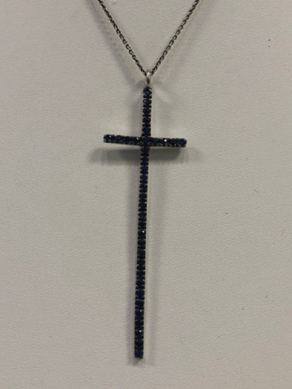 Carol Brodie MLD Sterling Silver Sapphire Cross Pendant 2.75" x.80" Chain 16-18"
