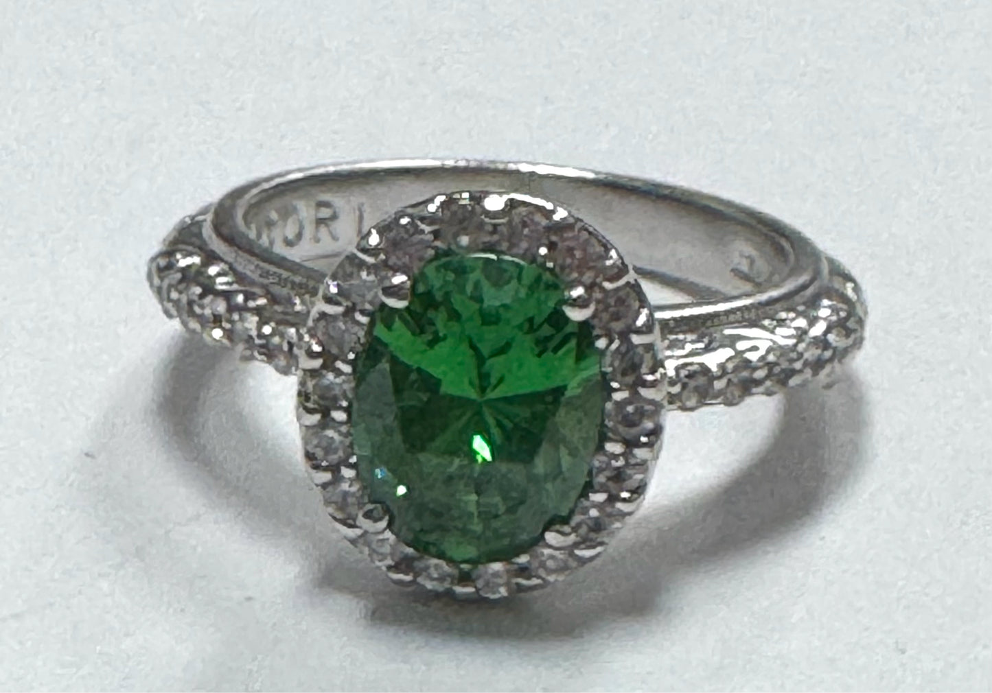 Tacori Sterling Silver Oval Halo Simulated Emerald Green CZ Ring Size 7