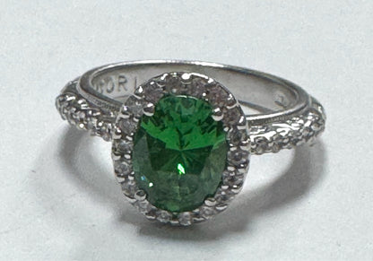 Tacori Sterling Silver Oval Halo Simulated Emerald Green CZ Ring Size 7
