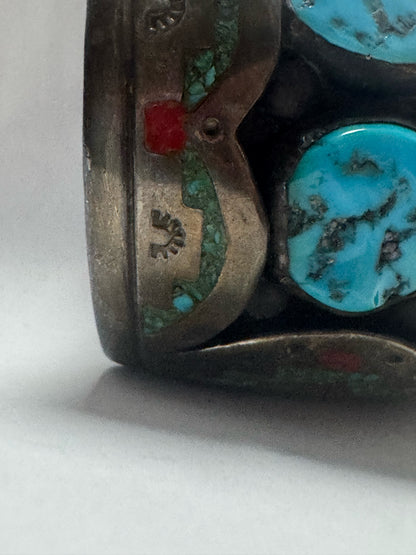 William Singer Sterling Silver 2" Wide Coral & Turquoise Inlaid Watch Cuff 132g