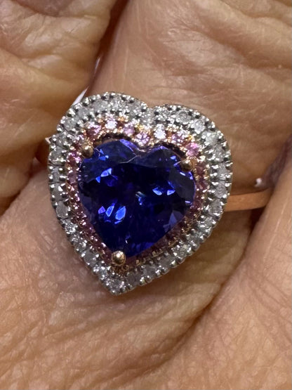 New 14k Rose Gold Ring Lab Created Tanzanite Heart  Double Halo SZ 8 JTV