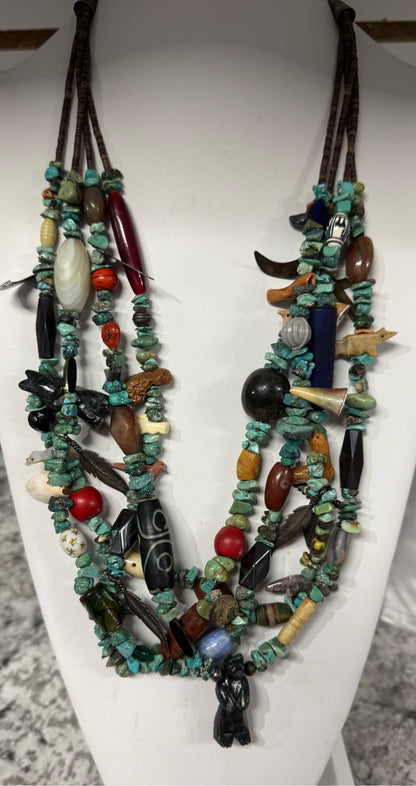 Vintage Native American Sterling Silver 4 Strand Heavy 28-32" Turquoise Necklace