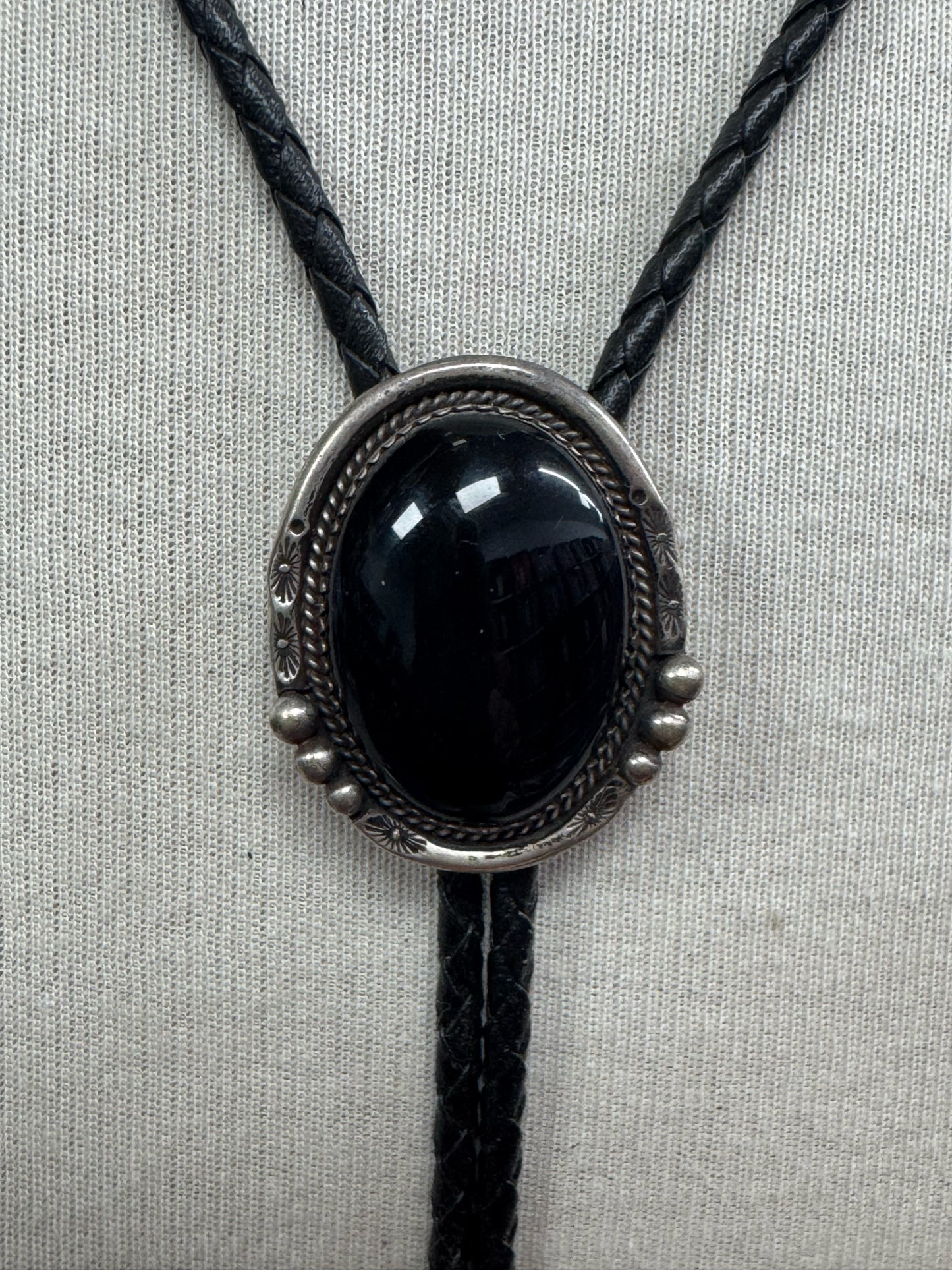 Sterling Silver Onyx Navajo Vintage Native American 1.5" x 1.25" Bolo Tie