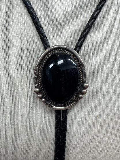 Sterling Silver Onyx Navajo Vintage Native American 1.5" x 1.25" Bolo Tie