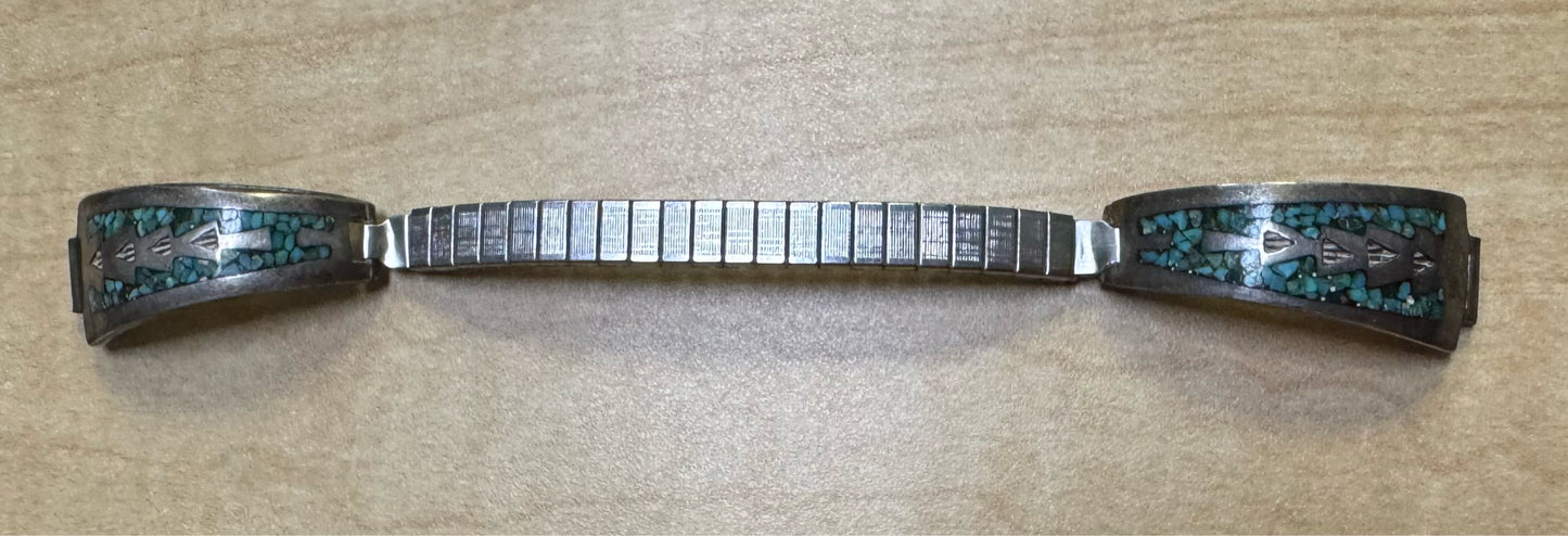 Silver Native American Inlaid Chip Turquoise Stretch Watch Band