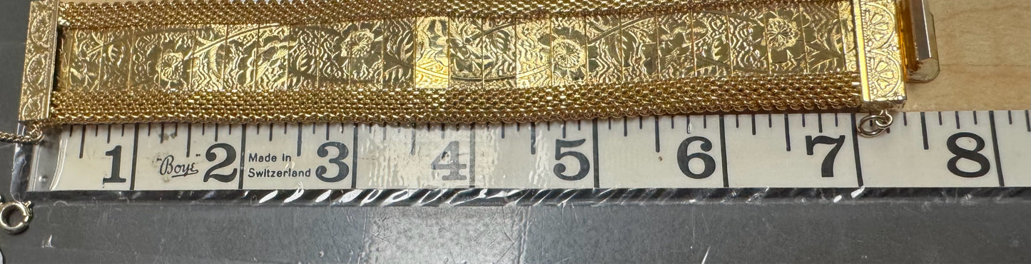 HOBE Floral Etched Goldtone Mesh Vintage Panel Bracelet 1” Wide w/Safety