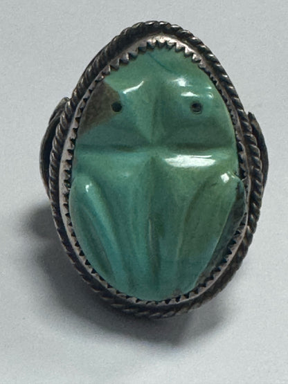 Vintage Native American Sterling Silver Heavy 35g Carve Turquoise Ring Size 9.75