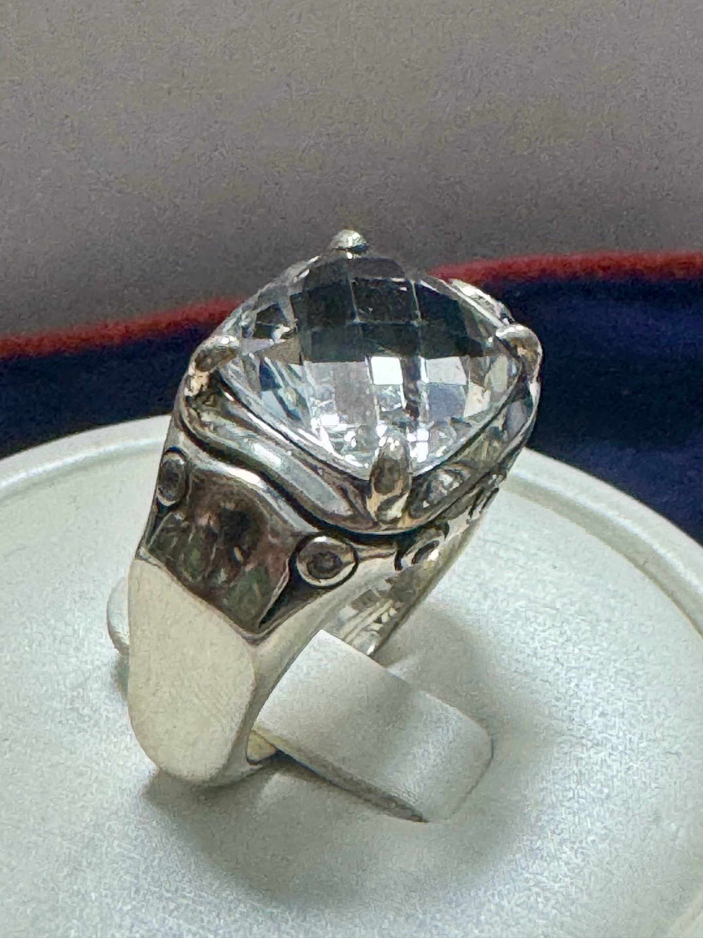 John Hardy Sterling Silver White Topaz Cushion Cut Bamboo Batu Ring Size 7