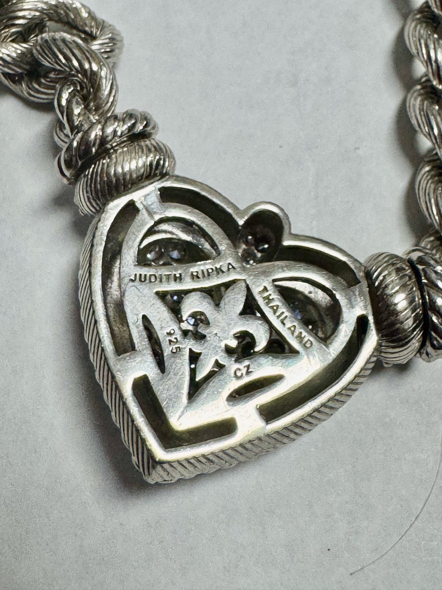 Judith Ripka Sterling Silver CZ Cubic Zirconia Heart 18" Necklace Rolo Chain 83g