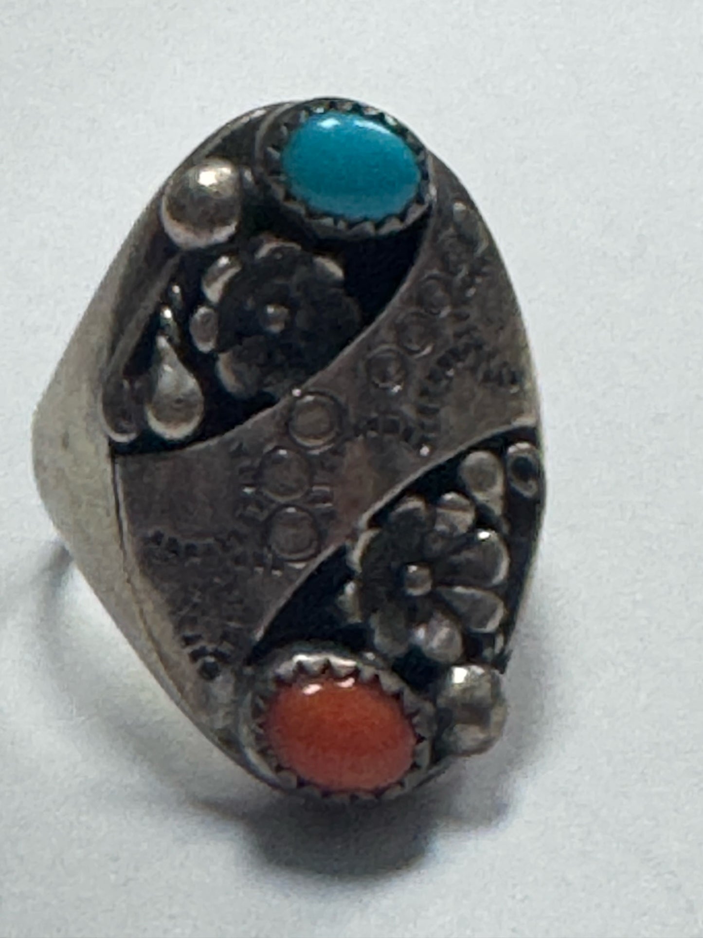Native American Sterling Silver Ring B Arrow Navajo Turquoise Coral SZ 10.75
