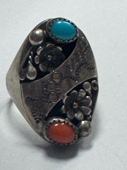 Native American Sterling Silver Ring B Arrow Navajo Turquoise Coral SZ 10.75