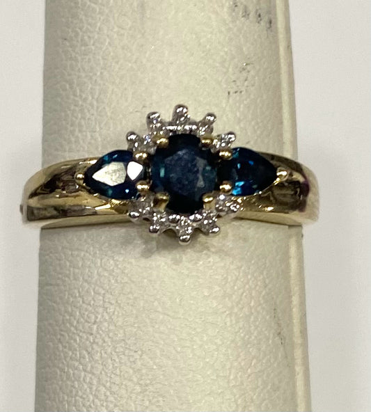 10k Yellow Gold Sapphire Diamond Ring Size 6.75