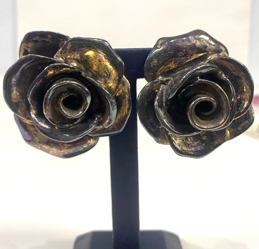 Vtg Designer YAACOV HELLER Sterling Silver Flower Rose Clip-on Earrings 1.60"