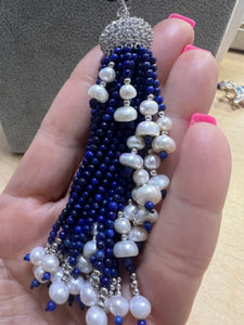 Dallas Prince Blue Lapis & Pearl Bead 30" Necklace Tassel Pendant 4" Enhancer