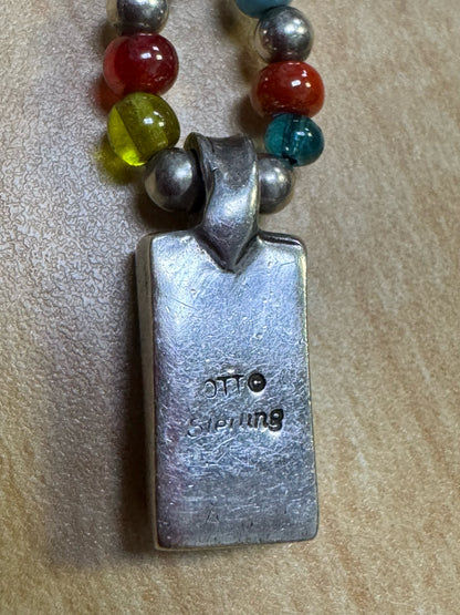 Ted Ott Sterling Silver 14.5" Choker Necklace Turquoise Pendant & Beads Toggle