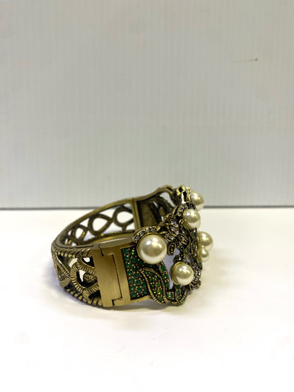 Heidi Daus Clamper Bangle Bracelet Faux Pearl Green Swarovski Crystals