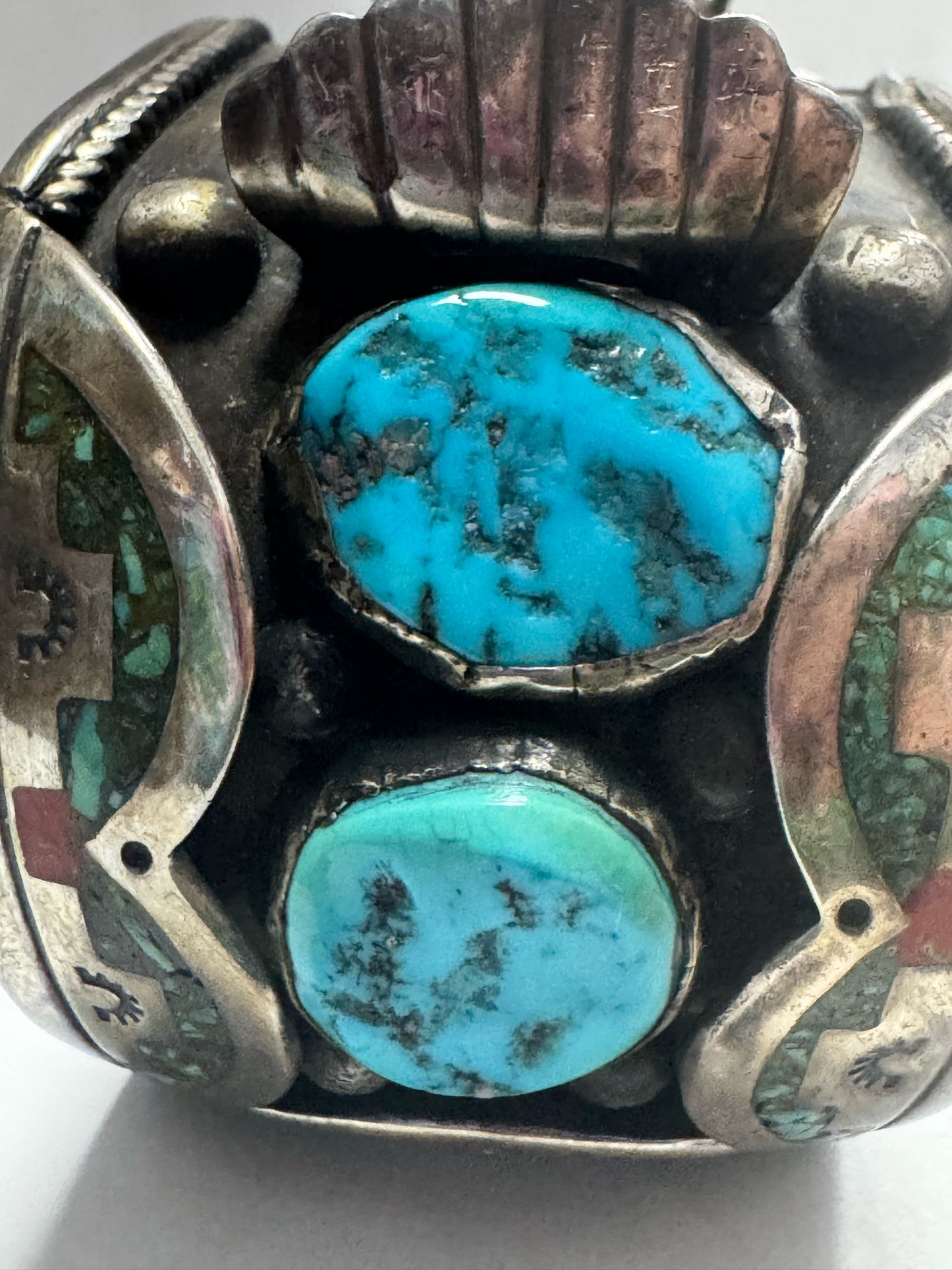 William Singer Sterling Silver 2" Wide Coral & Turquoise Inlaid Watch Cuff 132g