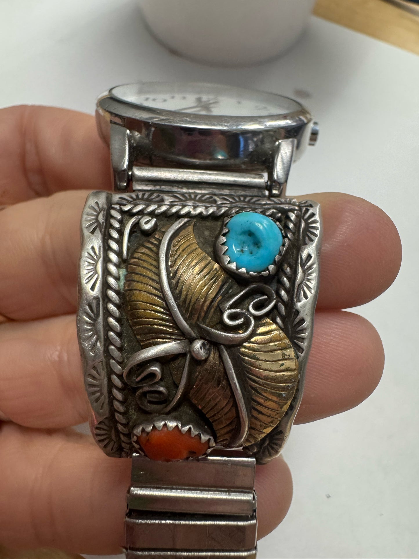 Sterling Silver & Gold Filled Watch Tips Turquoise & Coral Timex Watch