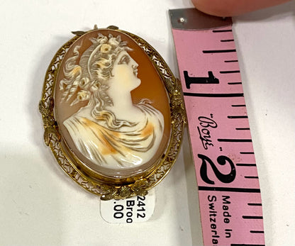 10k Yellow Gold Vintage Lady Cameo Brooch Pin Antique 1.72" x 1.34"