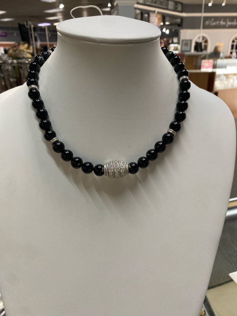 Judith Ripka 925 Sterling Silver Bead Onyx 18" Necklace w/ Stations