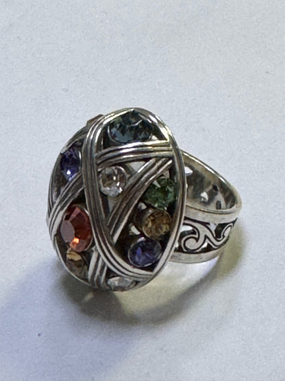 Brighton Grateful Heart Multicolor Rhinestones Silver Tone Ring Size 7