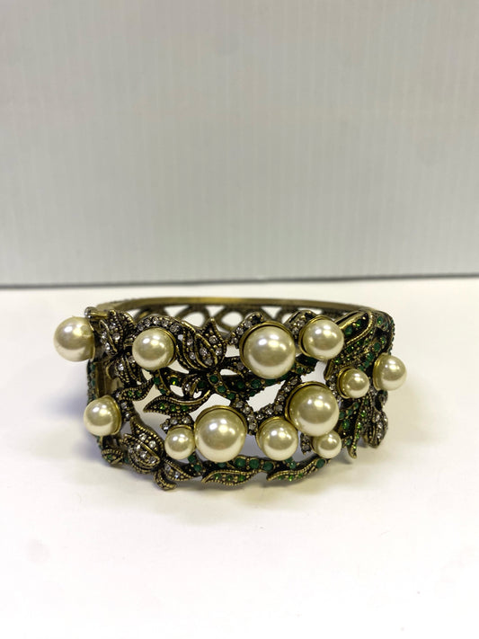 Heidi Daus Clamper Bangle Bracelet Faux Pearl Green Swarovski Crystals