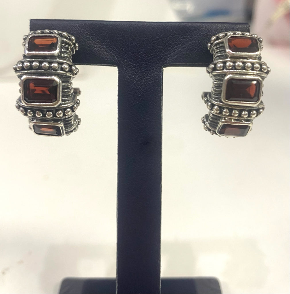 Sterling Silver Half Hoop Garnet Earrings w/ Omega Backs