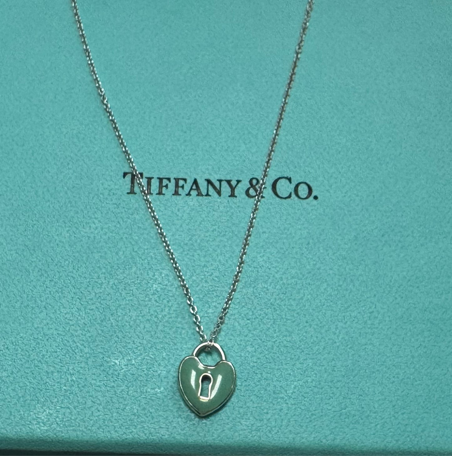 Tiffany & Co Sterling Silver Blue Enamel Small Heart Lock 16" Necklace Keyhole