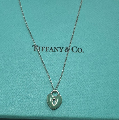 Tiffany & Co Sterling Silver Blue Enamel Small Heart Lock 16" Necklace Keyhole