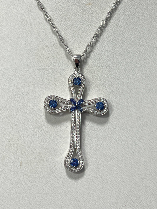 Sterling Silver Blue White CZ Necklace Cross New JTV
