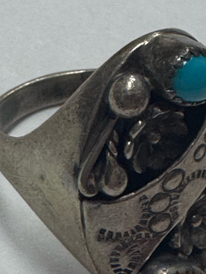 Native American Sterling Silver Ring B Arrow Navajo Turquoise Coral SZ 10.75