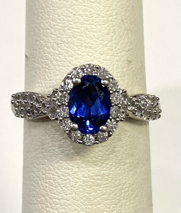 10k White Gold Lab Created Oval Sapphire & Natural Diamond Ring Size 6