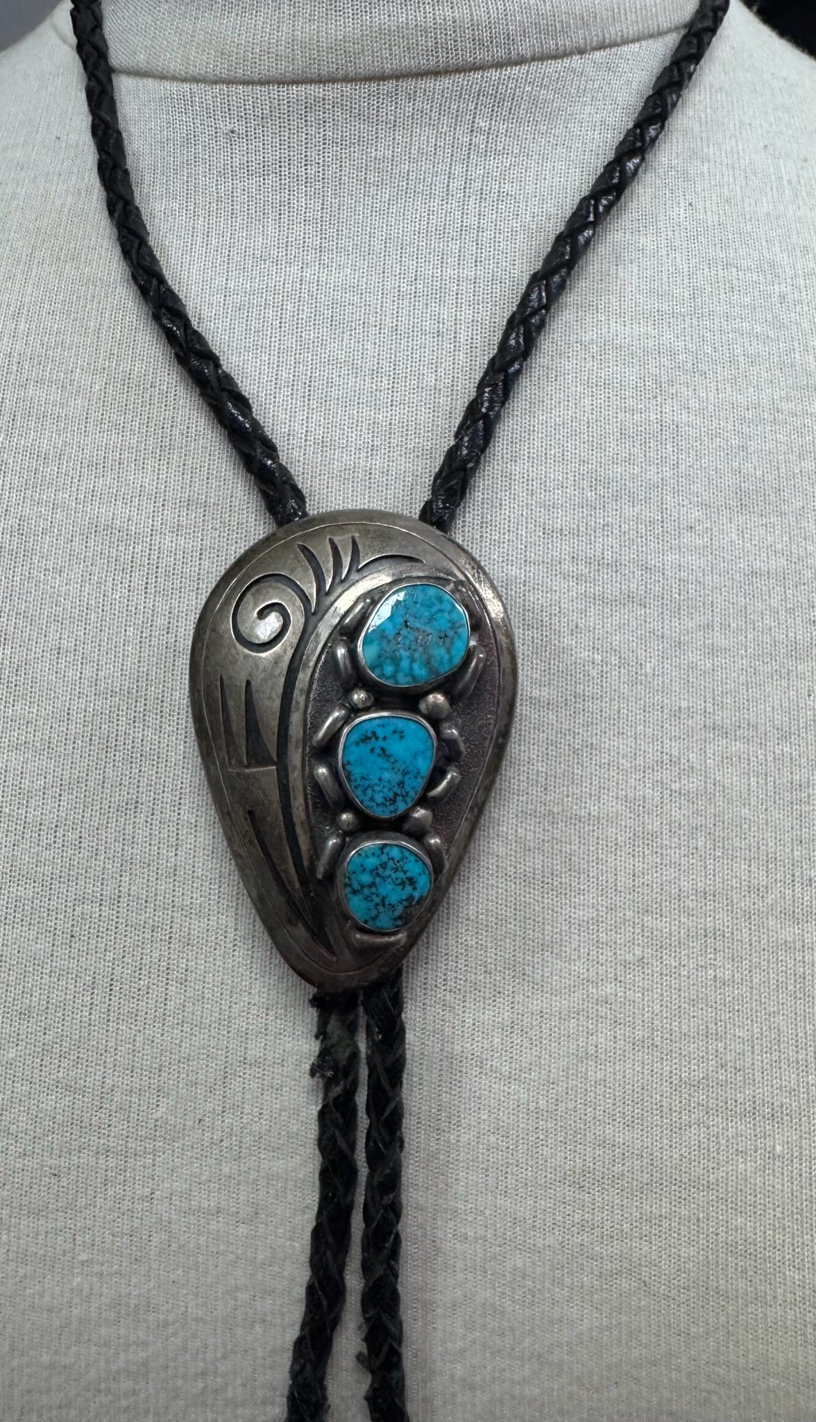 Bennett Pat Pend 2.5" x 1.5" Bolo Tie Turquoise Navajo Native American