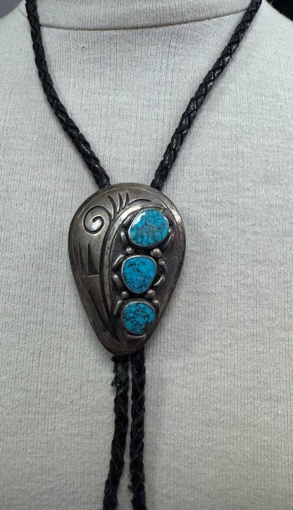 Bennett Pat Pend 2.5" x 1.5" Bolo Tie Turquoise Navajo Native American