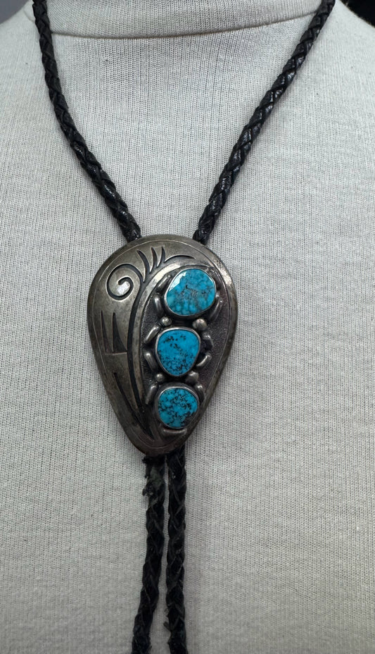 Bennett Pat Pend 2.5" x 1.5" Bolo Tie Turquoise Navajo Native American