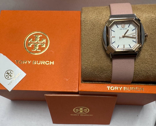 Tory Burch TBW5101 Blake Two Tone Rose Gold & Silver Pink Leather Watch