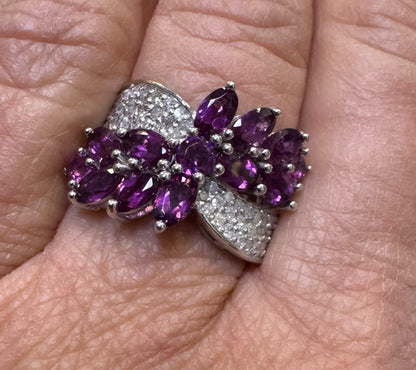14k White Gold Marquise Rhodolite Grape Garnet Dimaond Ring Size 8