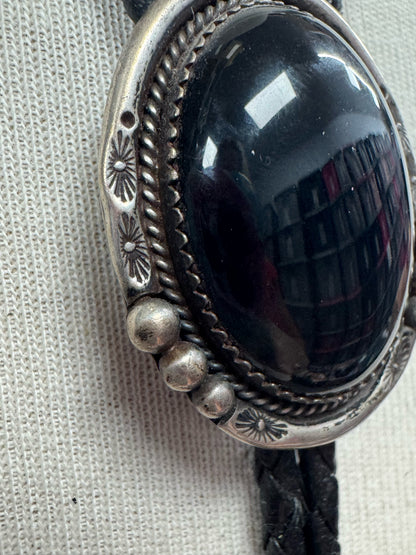 Sterling Silver Onyx Navajo Vintage Native American 1.5" x 1.25" Bolo Tie