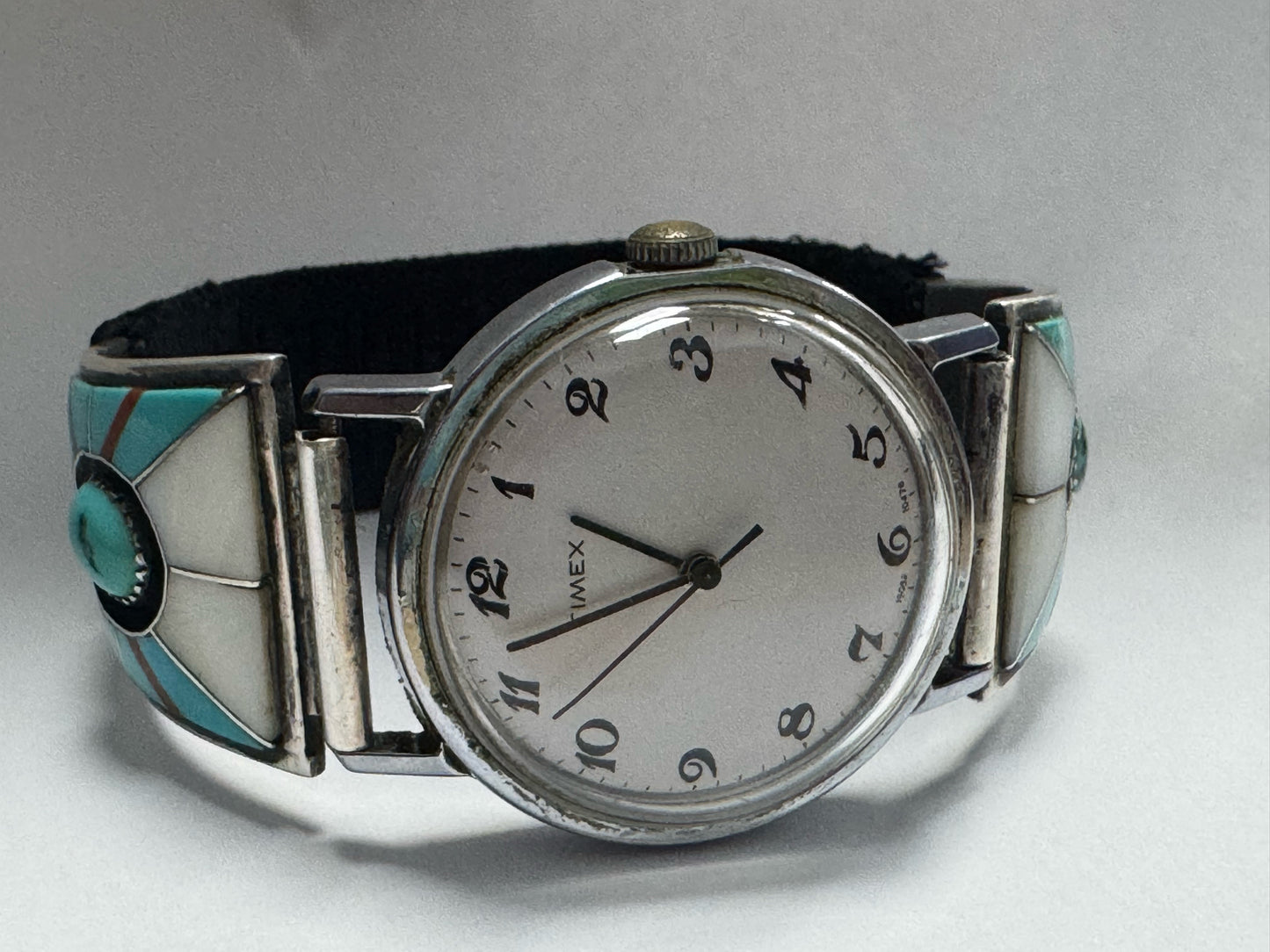 Teme Sterling Silver Inlaid Watch Band Tips Zuni MOP & Turquoise