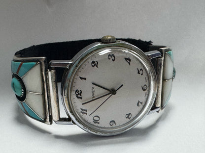 Teme Sterling Silver Inlaid Watch Band Tips Zuni MOP & Turquoise