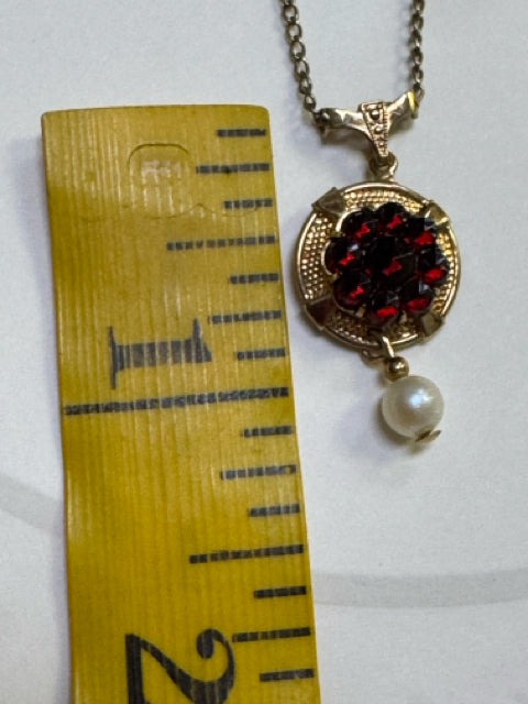 AMCO 14K Gold Filled Necklace Clip on Earring Set 2 Pc Red Garnet Pearl