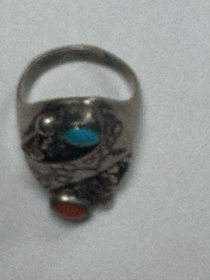 Native American Sterling Silver Ring B Arrow Navajo Turquoise Coral SZ 10.75