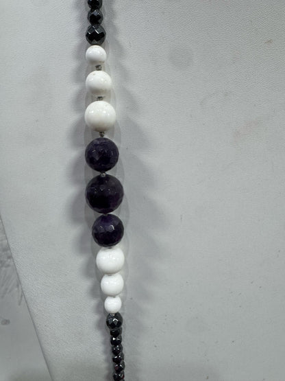 Dallas Prince faceted amethyst hematite white Agate sterling silver necklace 44"