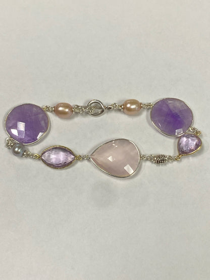 Michael Dawkins Sterling Silver Purple Amethyst Rose Quartz Pearl 8.25" Bracelet