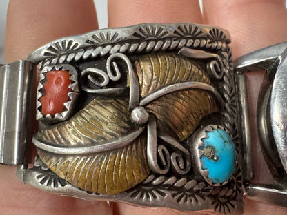 Sterling Silver & Gold Filled Watch Tips Turquoise & Coral Timex Watch