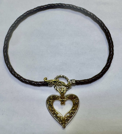 Carolyn Pollack Sterling Silver Brass Heart Pendant  Enhance Leather Necklace