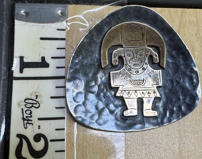 18k Yellow Gold & Sterling Silver Graziella Laffi Peru Aztec Brooch Pin