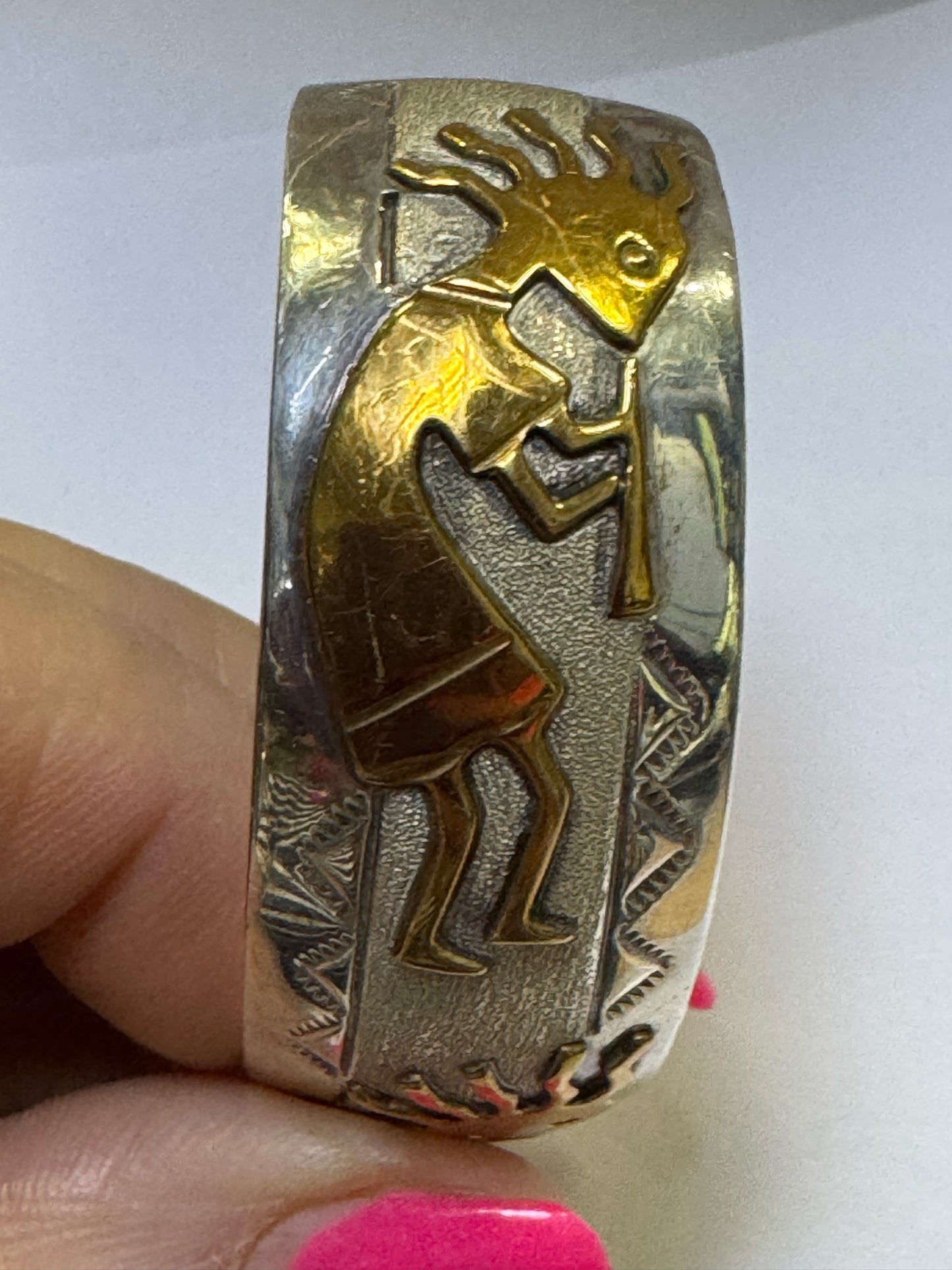CJ Charlie John Navajo Sterling Silver & Gold Filled Kokopelli Cuff Bracelet
