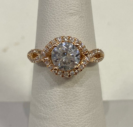 14k Rose Gold Ring CZ Center Stone w/ Natural Diamond Side Stones Size 5.75